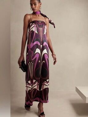 Banana Republic 100% silk Purple, Black Cream Art Nouveau strapless gown sz. 12